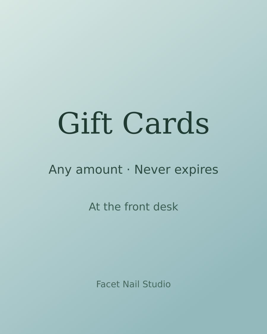 Gift cards available at the front desk, in any amount, never expiring.